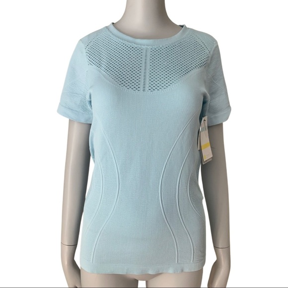NWT ZELLA Orydalis Stretchy Seamless Short Sleeve Top Blue Workout Athletic SM - Picture 4 of 16